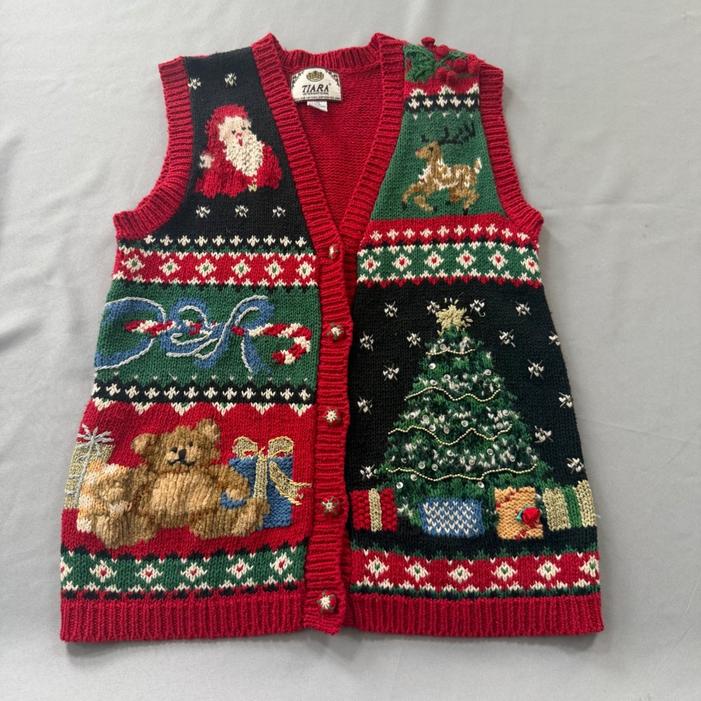 Vintage 90s Christmas Sweater Vest Red Patchwork Womens Small XMas Knit Cotton